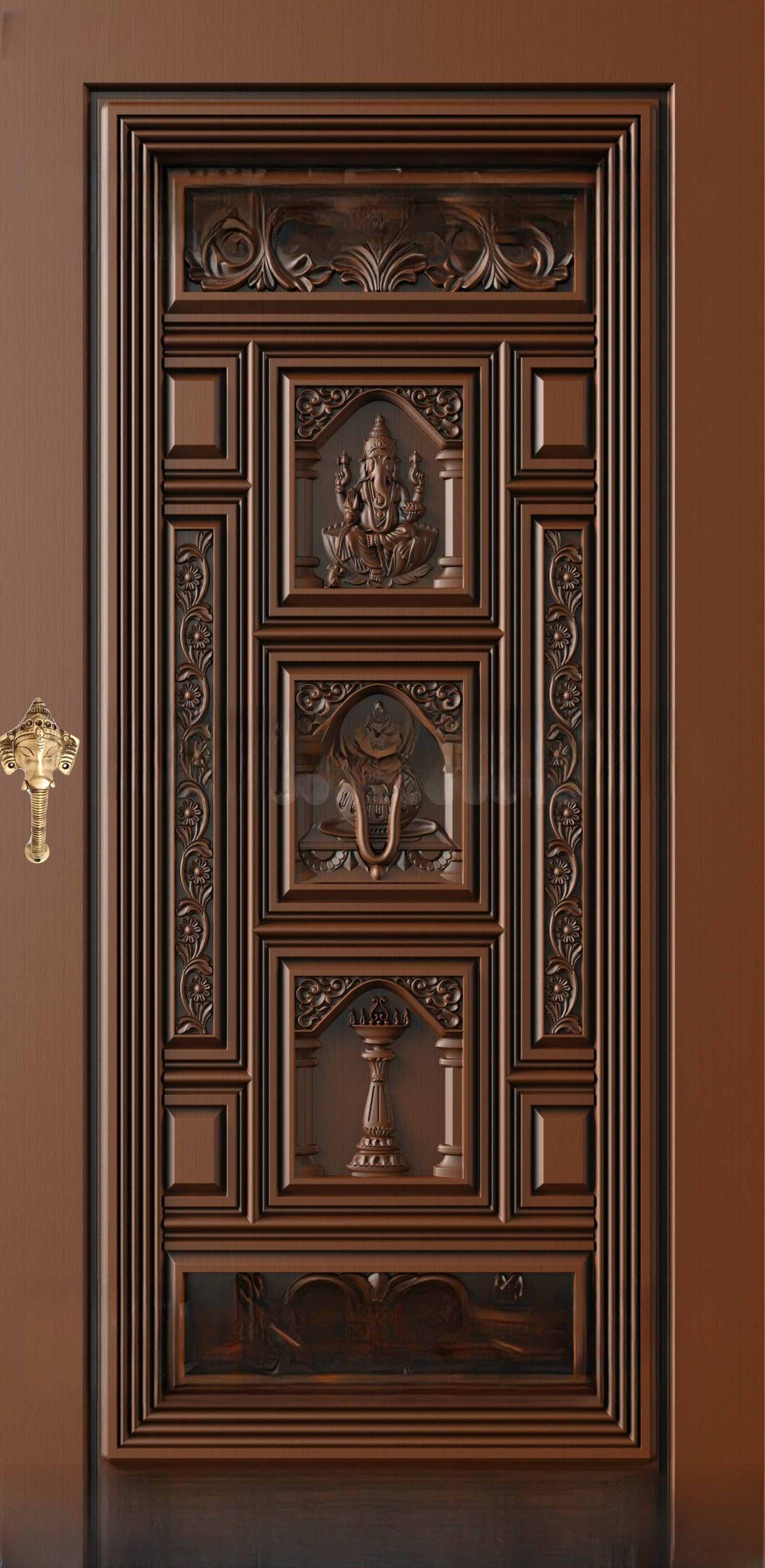 God Doors - GD-19 Lord Ganesha & Diya Spiritual Carved Door 3D Model